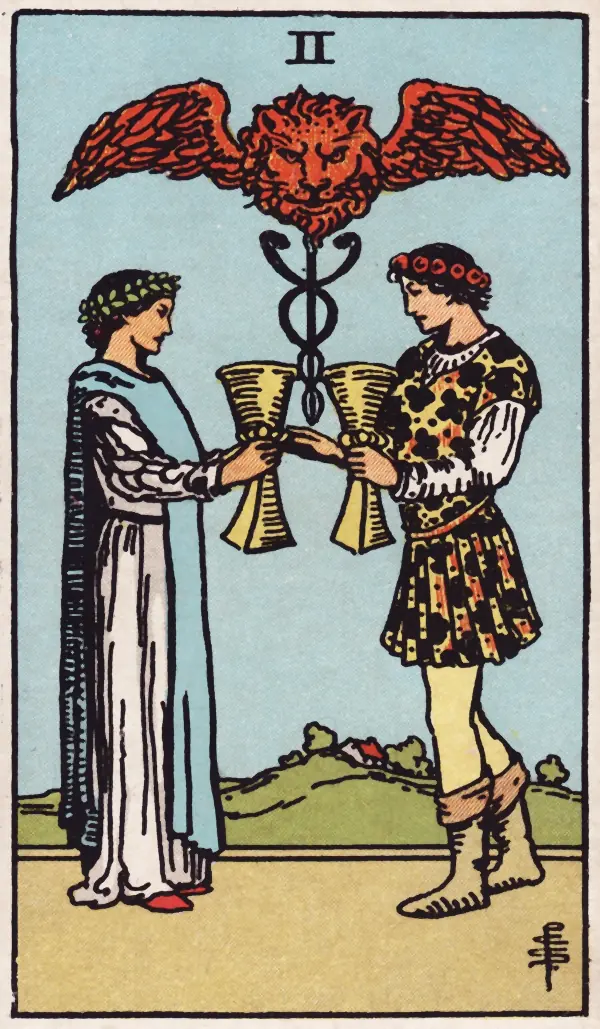 Dois de Copas, carta do tarot Rider-Waite-Smith (1909)