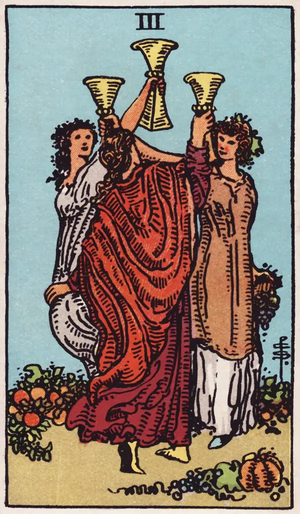 Três de Copas, carta do tarot Rider-Waite-Smith (1909)