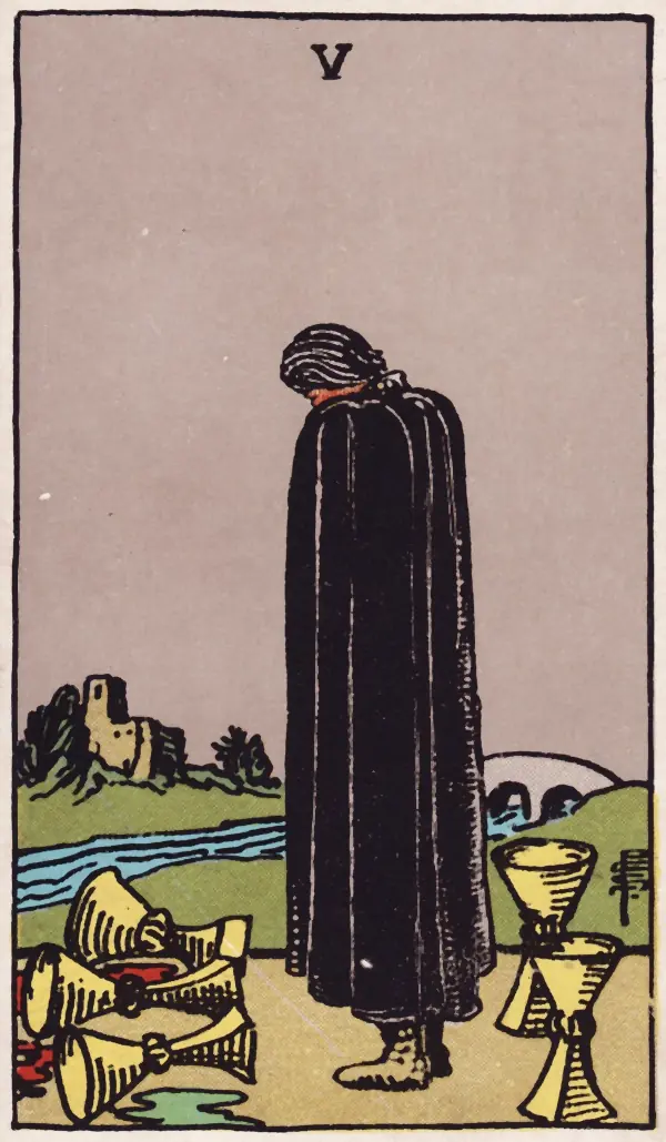 Cinco de Copas, carta do tarot Rider-Waite-Smith (1909)