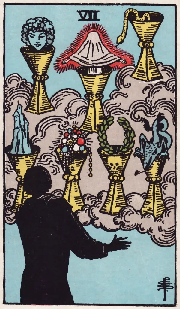 Sete de Copas, carta do tarot Rider-Waite-Smith (1909)