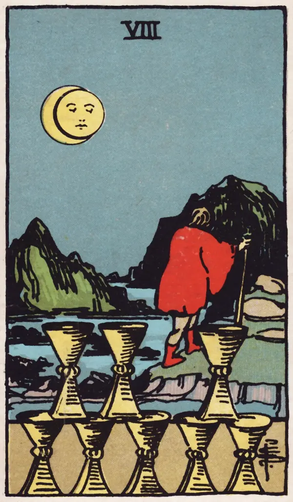 Oito de Copas, carta do tarot Rider-Waite-Smith (1909)