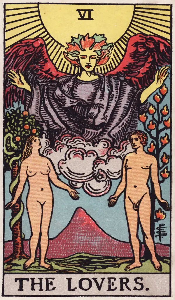 Os Enamorados, carta VI do tarot Rider-Waite-Smith (1909)
