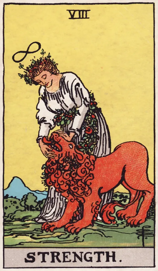 A Força, carta VIII do tarot Rider-Waite-Smith (1909)