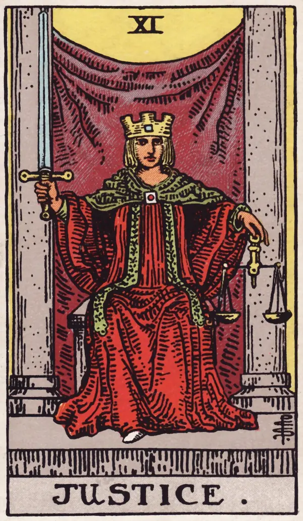 Justice, card XI of the Rider-Waite-Smith tarot (1909)