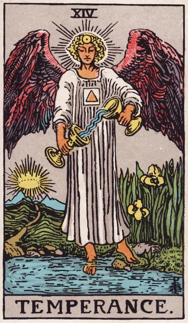 A Temperança, carta XIV do tarot Rider-Waite-Smith (1909)