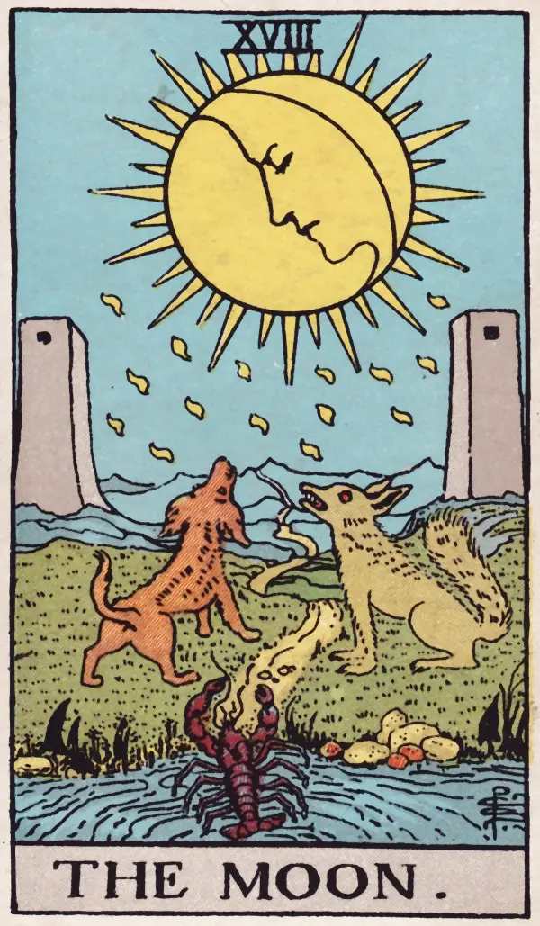 A Lua, carta XVIII do tarot Rider-Waite-Smith (1909)
