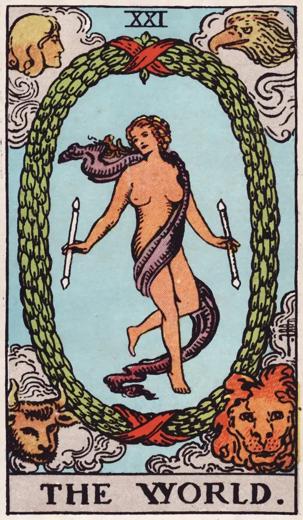 O Mundo, carta XXI do tarot Rider-Waite-Smith (1909)