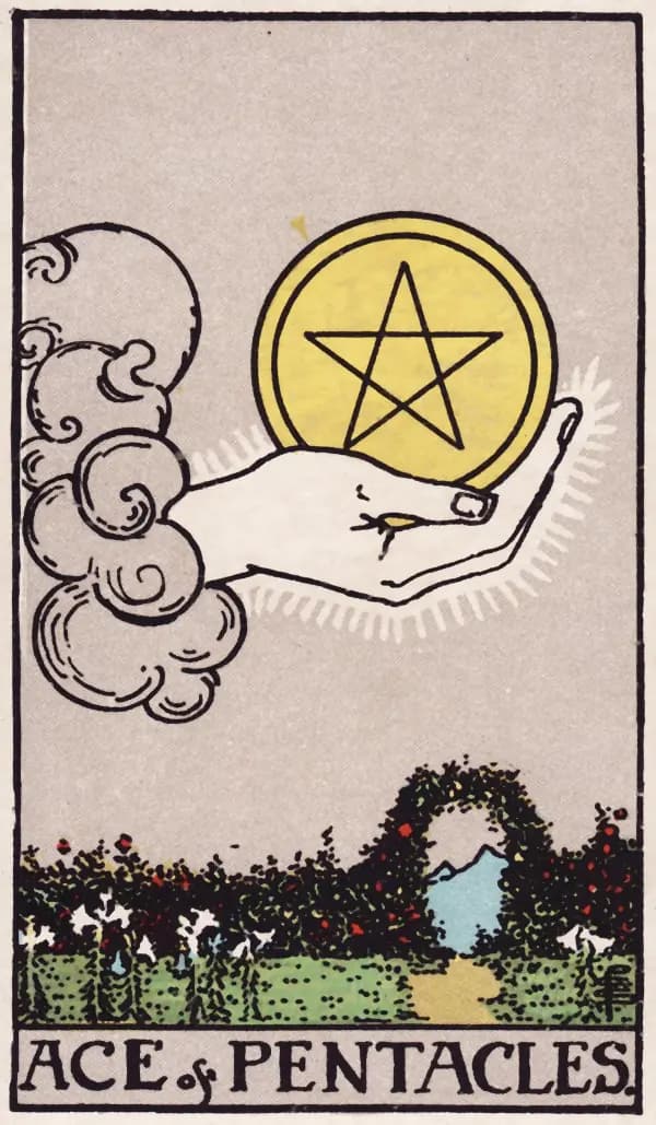 Ace of Pentacles, a card of the Rider-Waite-Smith tarot (1909)