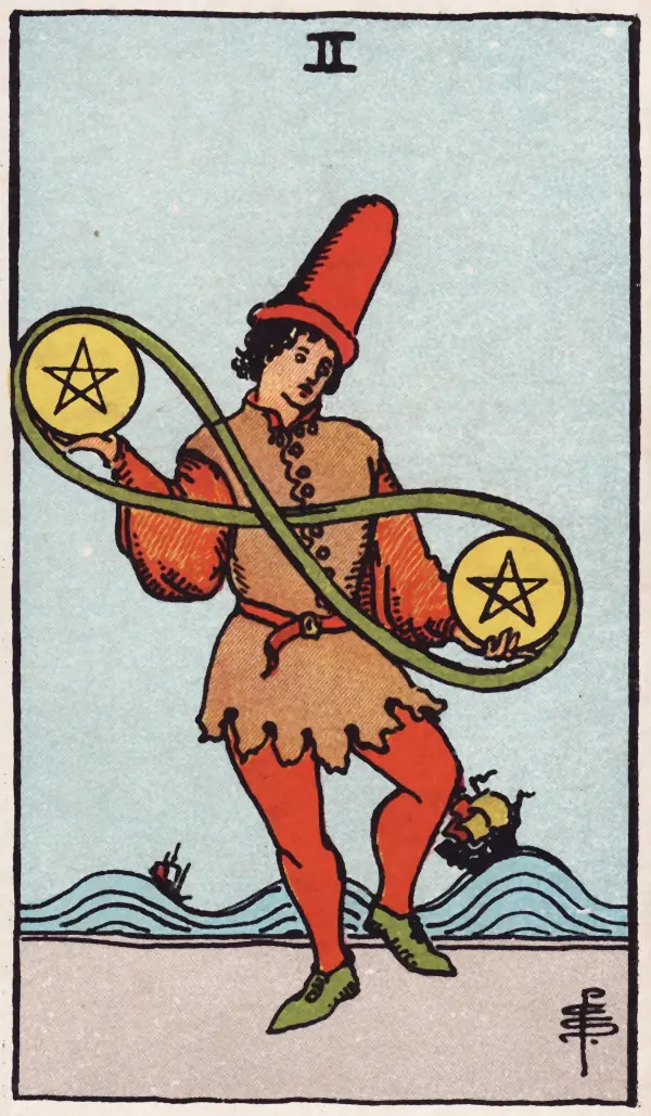 Dois de Ouros, carta do tarot Rider-Waite-Smith (1909)