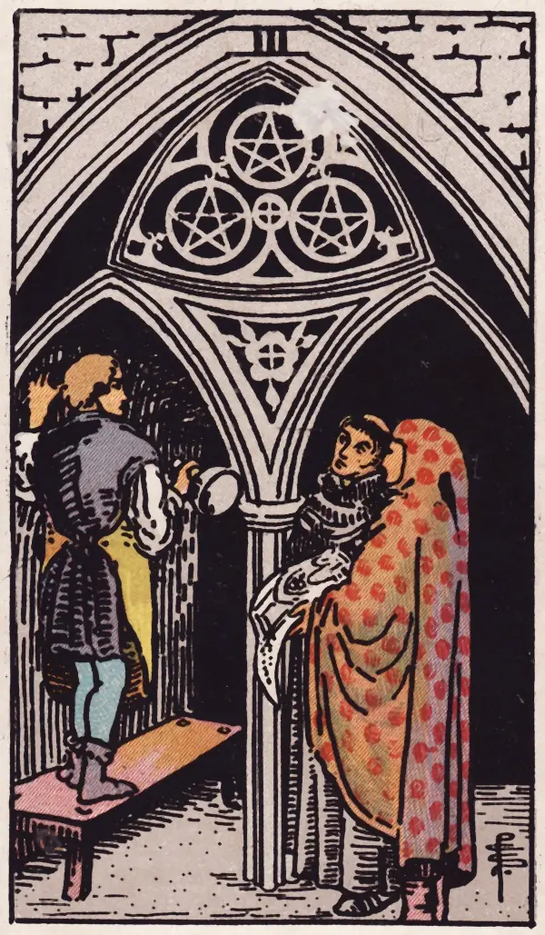 Três de Ouros, carta do tarot Rider-Waite-Smith (1909)