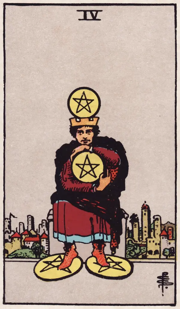 Quatro de Ouros, carta do tarot Rider-Waite-Smith (1909)