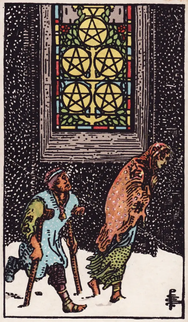 Five of Pentacles, a card of the Rider-Waite-Smith tarot (1909)