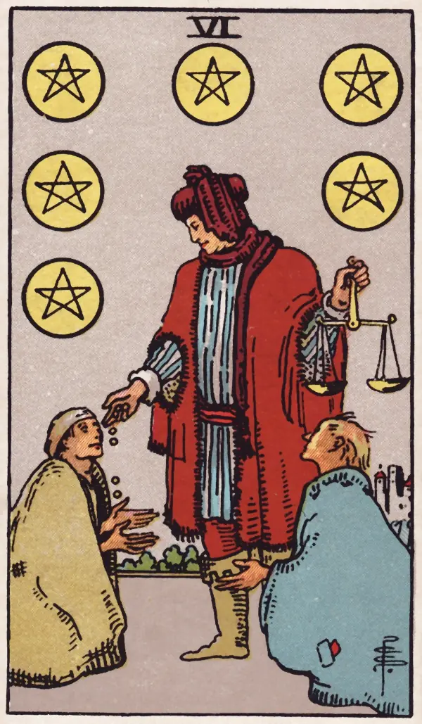 Seis de Ouros, carta do tarot Rider-Waite-Smith (1909)