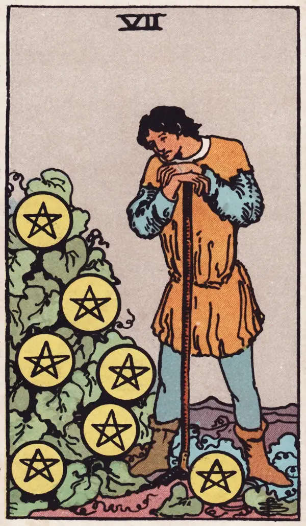 Sete de Ouros, carta do tarot Rider-Waite-Smith (1909)