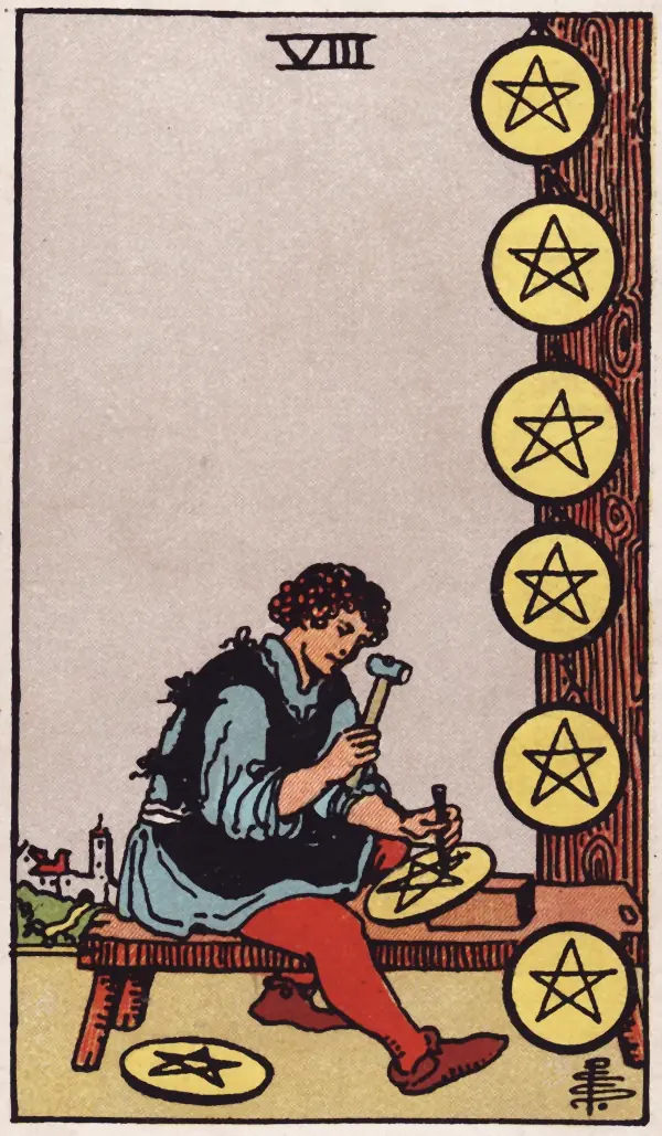 Oito de Ouros, carta do tarot Rider-Waite-Smith (1909)