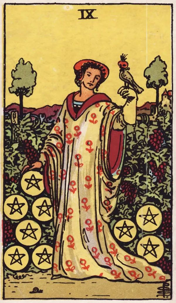 Nove de Ouros, carta do tarot Rider-Waite-Smith (1909)