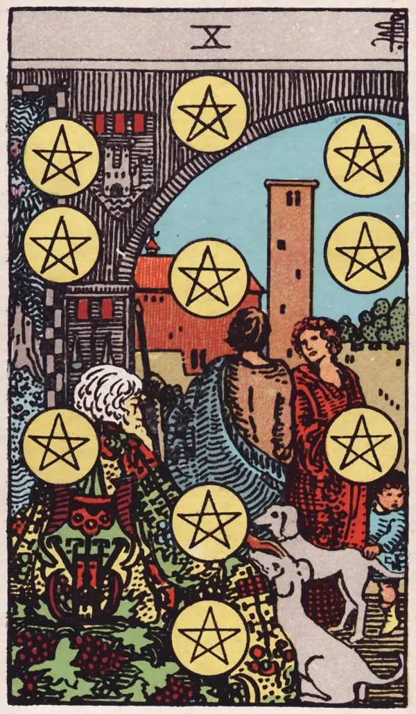 Dez de Ouros, carta do tarot Rider-Waite-Smith (1909)