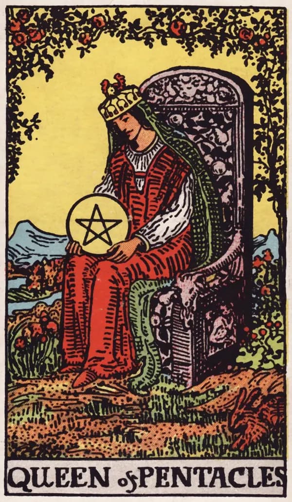 Rainha de Ouros, carta do tarot Rider-Waite-Smith (1909)