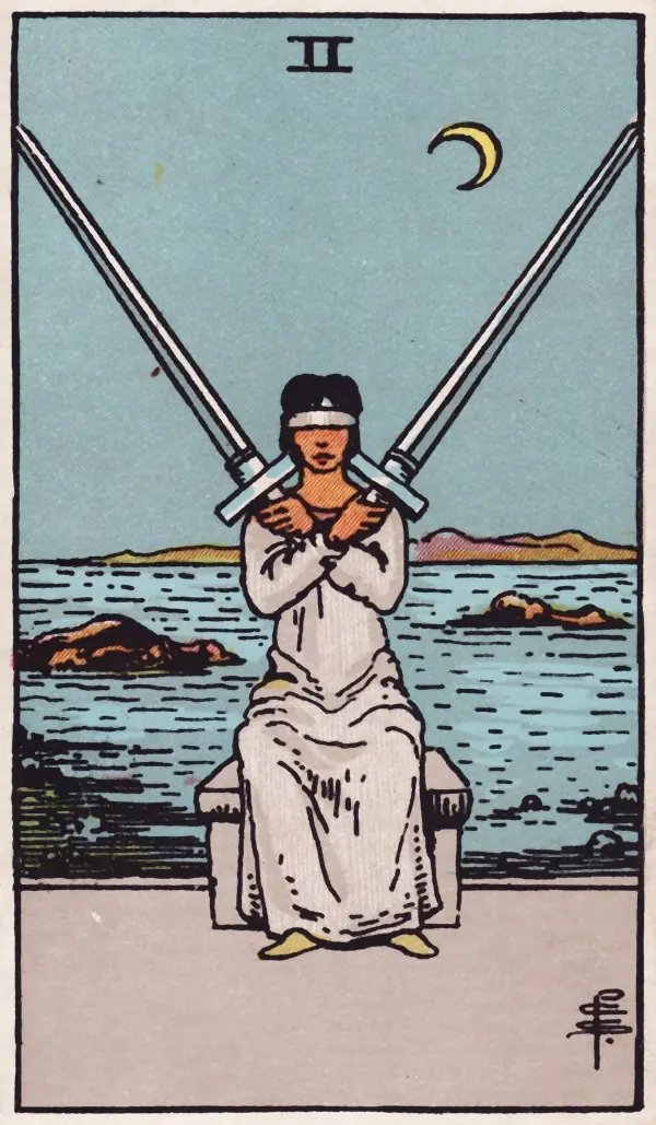 Dois de Espadas, carta do tarot Rider-Waite-Smith (1909)