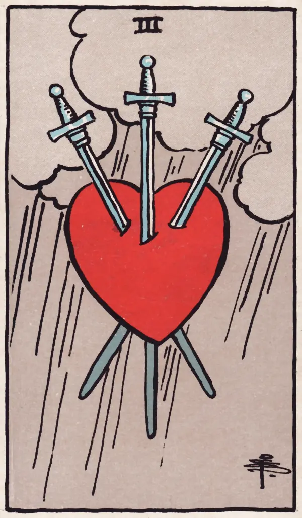Três de Espadas, carta do tarot Rider-Waite-Smith (1909)