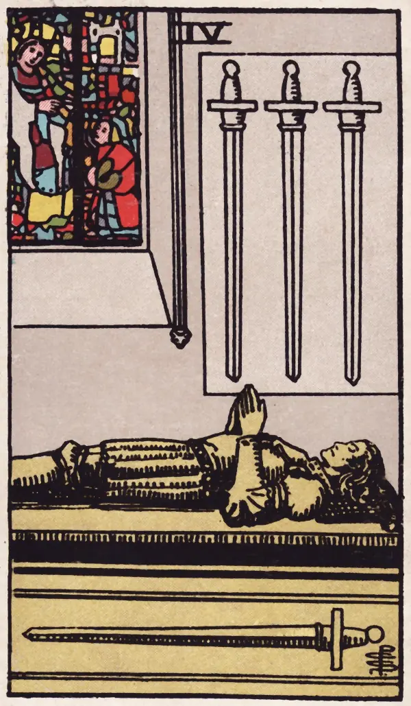 Quatro de Espadas, carta do tarot Rider-Waite-Smith (1909)