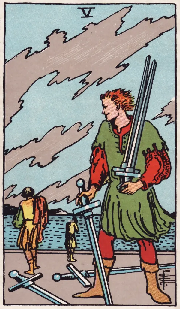Cinco de Espadas, carta do tarot Rider-Waite-Smith (1909)