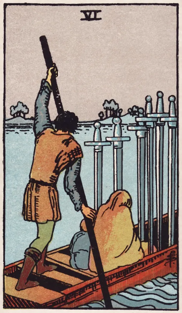Seis de Espadas, carta do tarot Rider-Waite-Smith (1909)