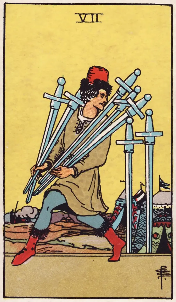 Sete de Espadas, carta do tarot Rider-Waite-Smith (1909)