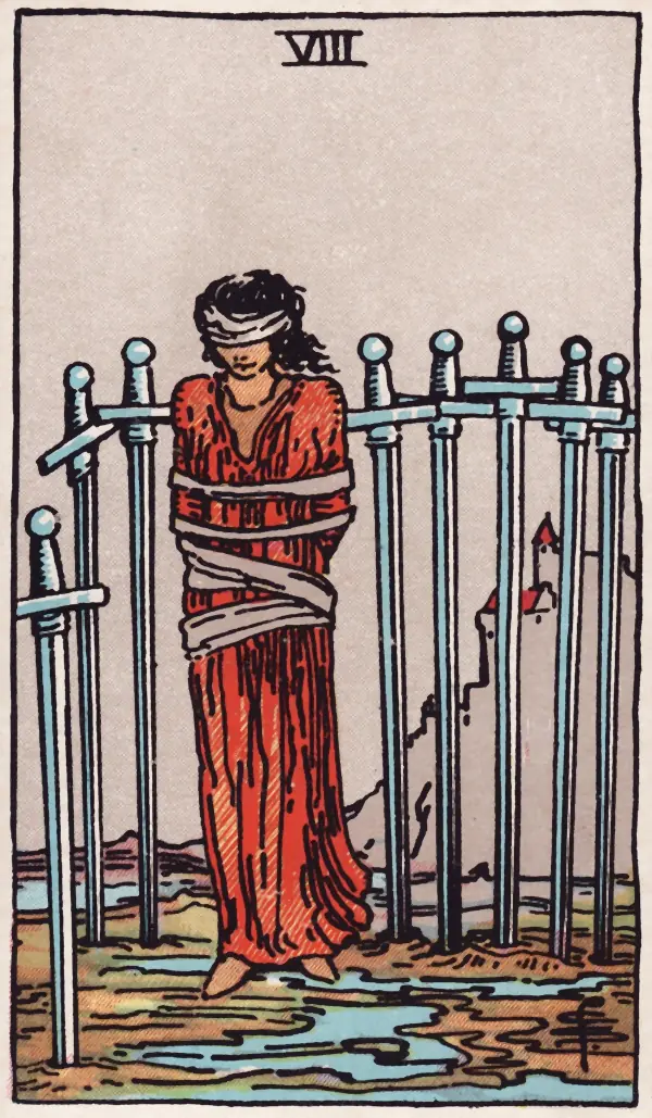 Oito de Espadas, carta do tarot Rider-Waite-Smith (1909)