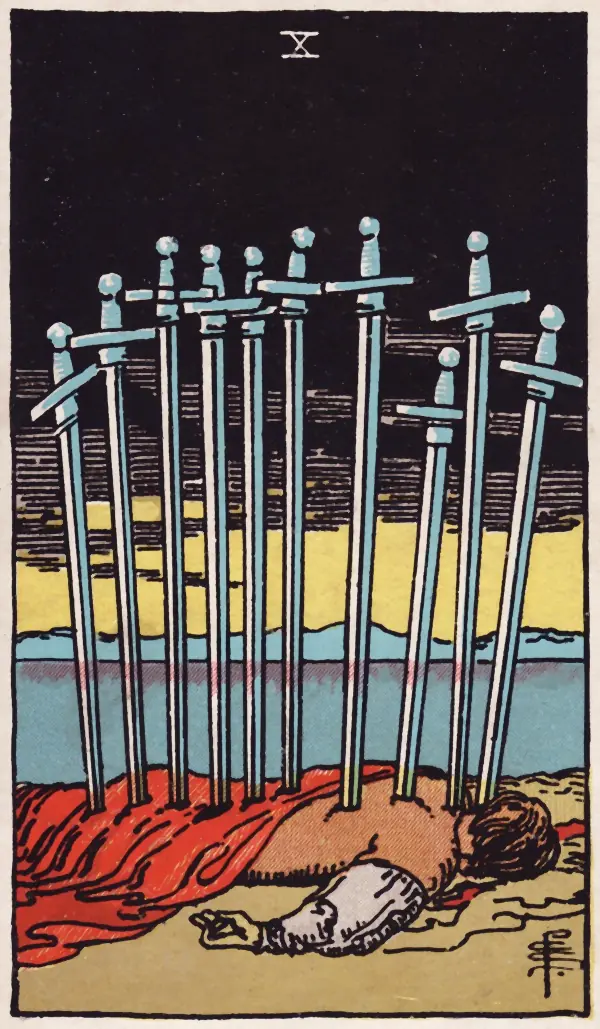 Dez de Espadas, carta do tarot Rider-Waite-Smith (1909)