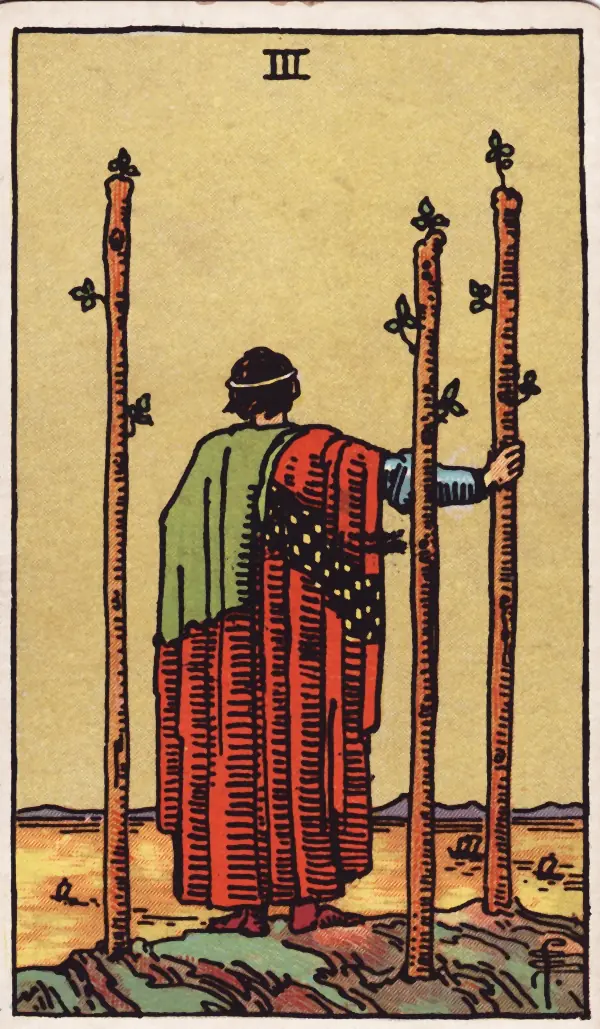 Três de Paus, carta do tarot Rider-Waite-Smith (1909)