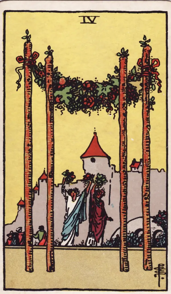 Quatro de Paus, carta do tarot Rider-Waite-Smith (1909)