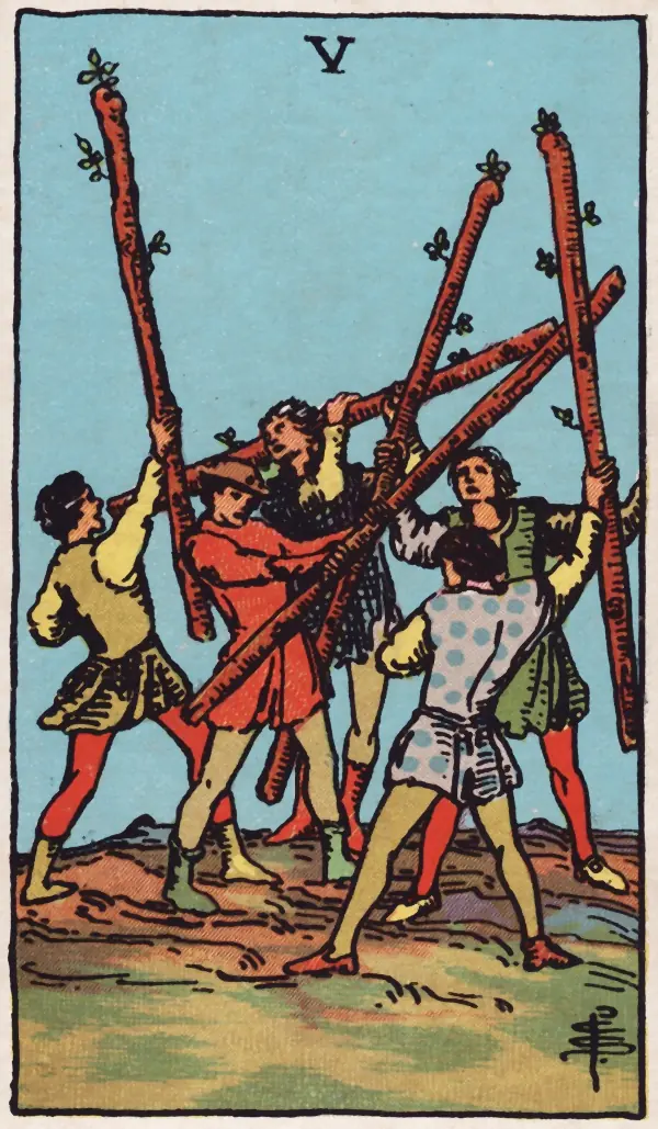 Cinco de Paus, carta do tarot Rider-Waite-Smith (1909)