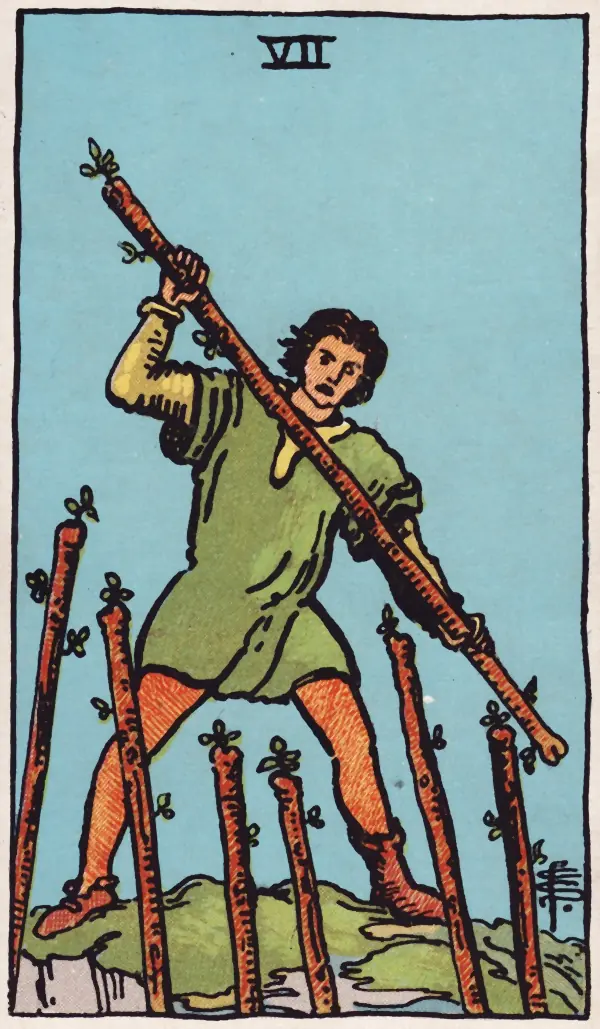 Sete de Paus, carta do tarot Rider-Waite-Smith (1909)