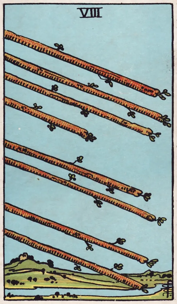 Oito de Paus, carta do tarot Rider-Waite-Smith (1909)