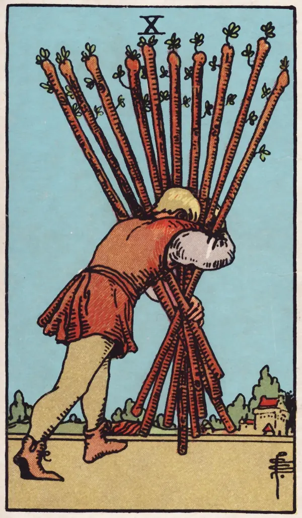 Ten of Wands, a card of the Rider-Waite-Smith tarot (1909)